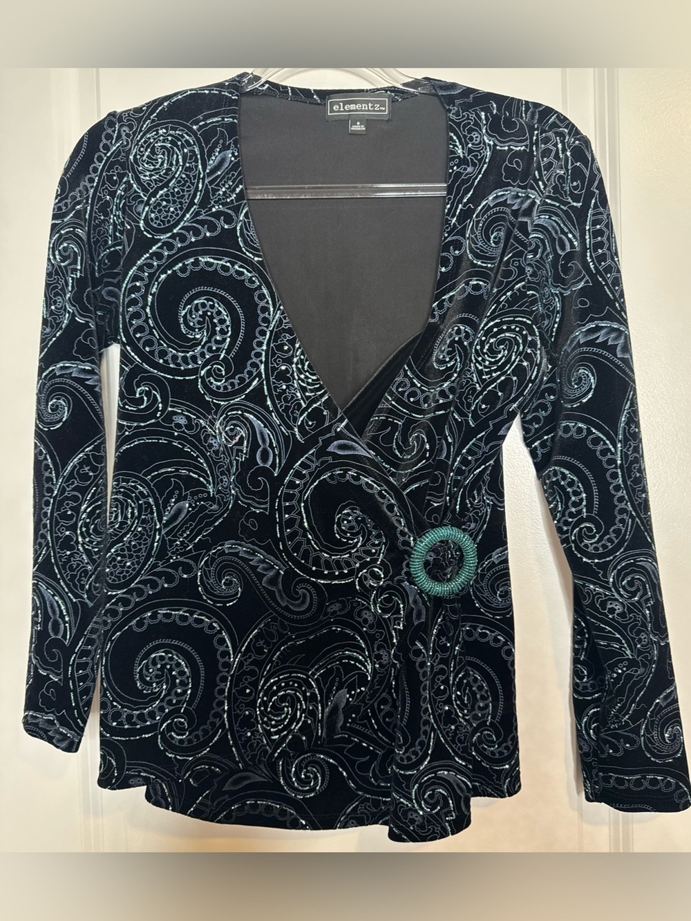 Elementz Black long slv blouse with Teal Paisley bead embellishment Sm Y2K